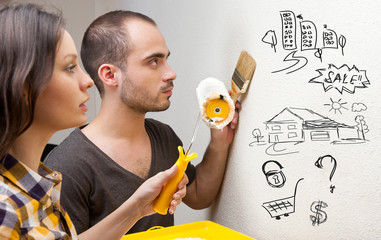 Closeup portrait of adult couple sitting on floor at their apart