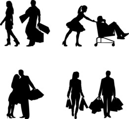 Man and woman in a shopping mall with shopping bags silhouette