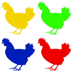Pictures of colorful chickens on a white background