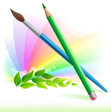 Green pencil and brush - leaves and rainbow color