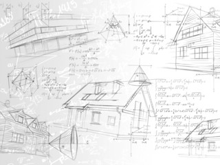 white architectural notes, formulas and sketches