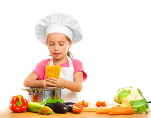 girl with spaghetti and vegetables