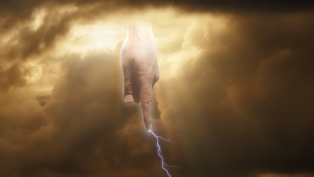 The hand of God strikes lightning through dramatic storm clouds
