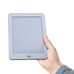 Businessman holding a tablet. On a white background.