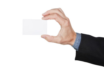 Obraz premium Blank card in hand at the man. On a white background.