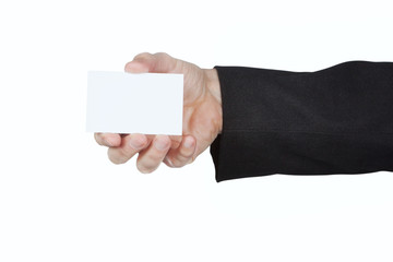 Man in the jacket keeps a blank card.