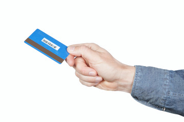 Credit card in the hands of men. On a white background.