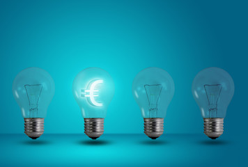 Euro symbol glow among other light bulb on a blue background