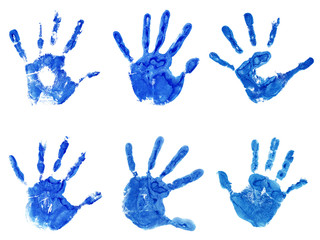 Fototapeta premium Conceptual blue painted hand shape or print isolated on white