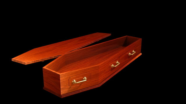 Coffin made of mahogany opens. 3 viewpoints.