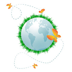 Naklejka premium Eco planet/Pale blue planet with grass, clouds and butterflies
