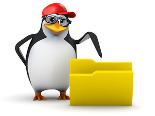 3d Penguin in baseball cap points at folder