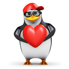 3d Penguin in baseball cap holds a red heart