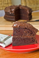 A slice of home made chocolate cake
