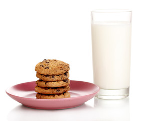 Glass of milk and cookies isolated on white