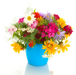 beautiful bouquet of bright  wildflowers in flowerpot, isolated
