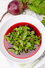 Vegetable soup from young, fresh sheets of the beetroot