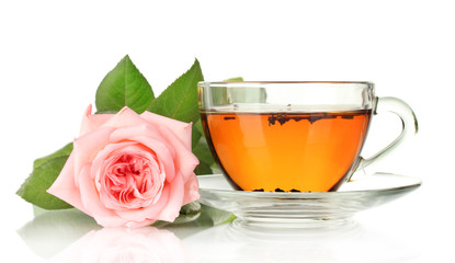 cup of tea with rose isolated on white