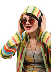 Young woman listening to music.