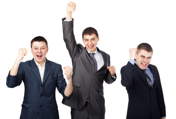 Successful young businesspeople raising hands isolated on white