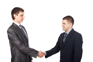 Young business men shaking hands isolated on white background