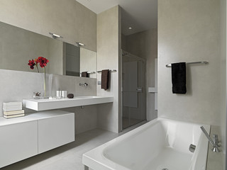 bagno moderno con vasca e box doccia in muratura - obrazy, fototapety, plakaty