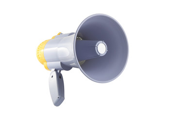 Yellow and gray megaphone on white background.