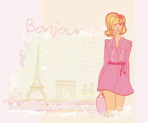 beautiful women Shopping in Paris - vector card