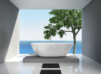 Grey white, modern elegant luxury bathroom interior, sea view