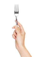 Fork in hand isolated on white background