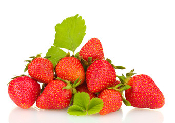 sweet ripe strawberries with leaves isolated on white