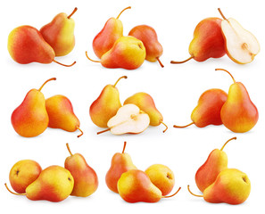 Set of red-yellow pear fruits on white