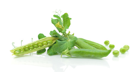 Ripe pea vegetable with green leaf on white background - obrazy, fototapety, plakaty
