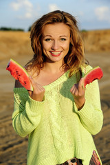 Beautiful woman, eating watermelon