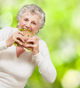 portrait of senior woman eating vegetal sandwich against a natur