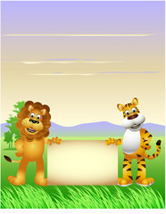 Obraz na płótnie Canvas zabawny lew i tygrys cartoon z pusty znak