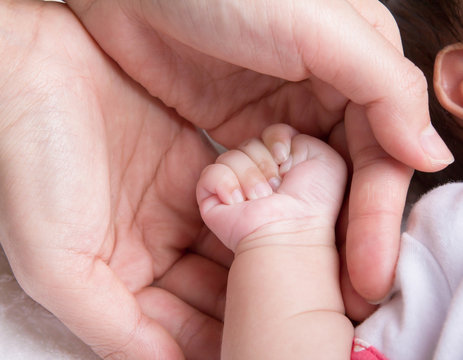 Newborn baby hand over female palm