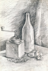 Fototapeta premium still life - pencil technique, bottle and mill