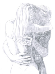 hand-drawn picture, pencil technique - LOVERS IN EMBRACE