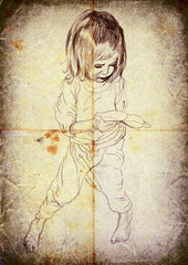 vintage processing, hand drawing - little girl