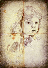 vintage processing, hand drawing - little girl