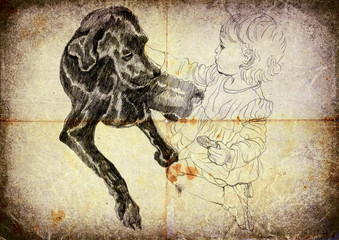 Fototapeta na wymiar vintage processing, hand drawing - little girl and black dog