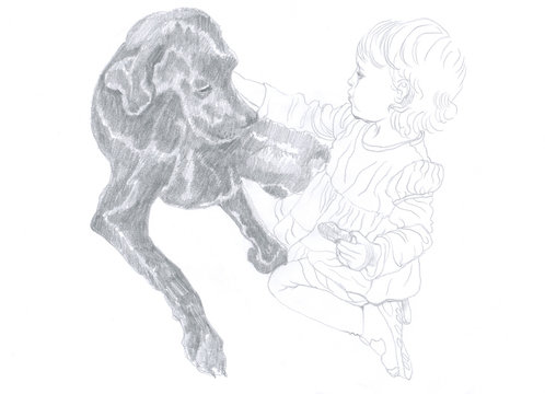 pencil drawing - child and dog