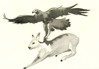 Obraz na płótnie Canvas watercolors technique, hand painting - eagle hunting