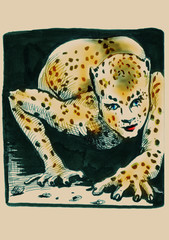 hand drawing illustration : leopard lady - original painting