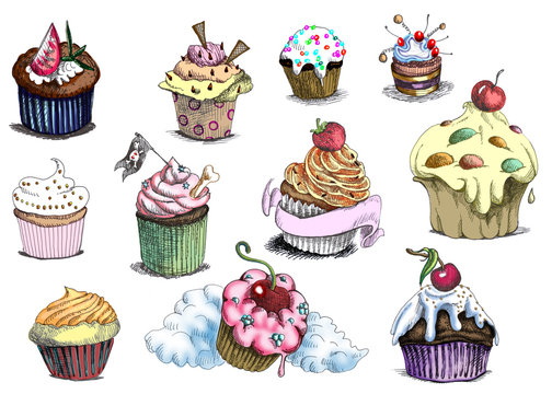 Cupcakes. (These are originals of drawings.)
