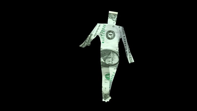 Man cut out from a dollar bill staggering.