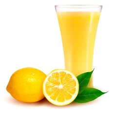 Ripe orange with leaves and glass with juice. Vector