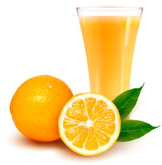 Fresh orange and glass with juice. Vector