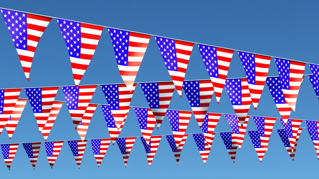 American flags as bunting fluttering in the wind.